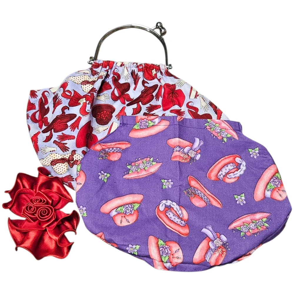 2 Fabric Handbag Purses with Retro Prints + Hair Clip